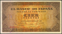 100 Pesetas. 20 de Mayo de 1938. Serie A. (Edifil 2021: 432, Pick: 113). Inusual en esta calidad, conserva todo su apresto original. SC.
