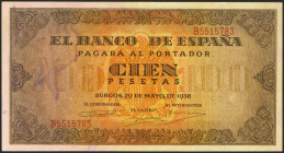 100 Pesetas. 20 de Mayo de 1938. Serie B. (Edifil 2021: 432a). Conserva gran parte de su apresto original. EBC.