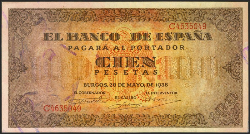 100 Pesetas. 20 de Mayo de 1938. Serie C. (Edifil 2021: 432a, Pick: 113). Inusua...