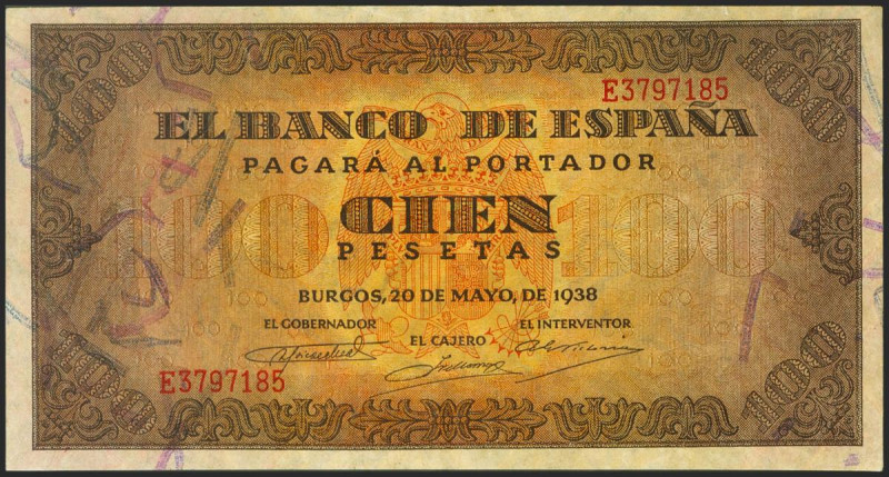 100 Pesetas. 20 de Mayo de 1938. Serie E. (Edifil 2021: 432a). Conserva parte de...