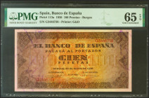 100 Pesetas. 20 de Mayo de 1938. Serie G. (Edifil 2021: 432a, Pick: 113). Inusual en esta excepcional calidad, apresto original. SC. Encapsulado PMG65...