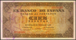 100 Pesetas. 20 de Mayo de 1938. Serie H, última serie emitida. (Edifil 2021: 432a). Conserva todo su apresto original. EBC++.