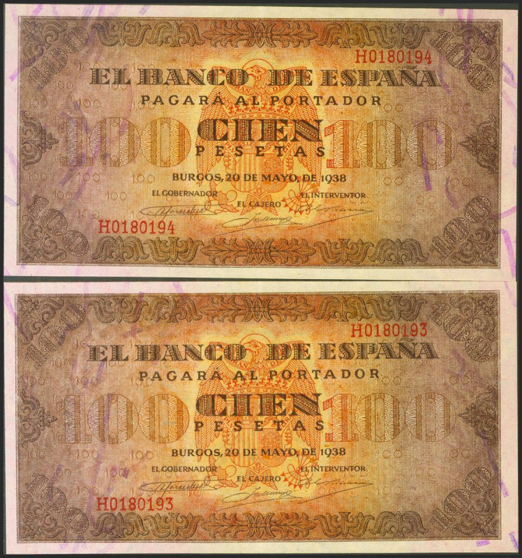 100 Pesetas. 20 de Mayo de 1938. Pareja correlativa. Serie H, última serie emiti...