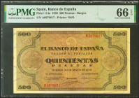 500 Pesetas. 20 de Mayo de 1938. Serie A. (Edifil 2021: 433, Pick: 114a). Rarísimo en esta excepcional calidad, apresto original. SC. Encapsulado PMG6...