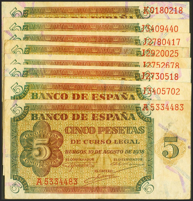 Conjunto de 8 billetes de 5 Pesetas emitidos el 10 de Agosto 1938, con la serie ...