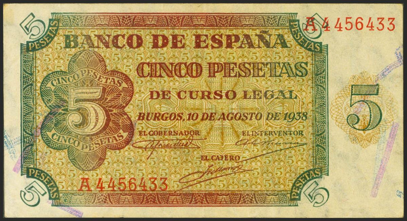 5 Pesetas. 10 de Agosto de 1938. Serie A. (Edifil 2021: 435). Presenta gran part...