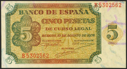 5 Pesetas. 10 de Agosto de 1938. Serie B. (Edifil 2021: 435a). Inusual en esta calidad, conserva todo su apresto original. SC.