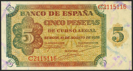 5 Pesetas. 10 de Agosto de 1938. Serie C. (Edifil 2021: 435a). Apresto original. SC.