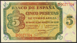 5 Pesetas. 10 de Agosto de 1938. Serie D. (Edifil 2021: 435a). Apresto original. SC.