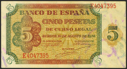 5 Pesetas. 10 de Agosto de 1938. Serie E. (Edifil 2021: 435a). Apresto original. SC-.