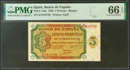 5 Pesetas. 10 de Agosto de 1938. Serie K. (Edifil 2021: 435a, Pick: 110a). Raro en esta excepcional calidad, apresto original. SC. Encapsulado PMG66EP...