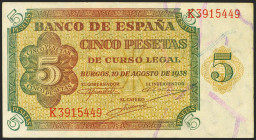 5 Pesetas. 10 de Agosto de 1938. Serie K. (Edifil 2021: 435a). Apresto original. SC-.