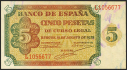 5 Pesetas. 10 de Agosto de 1938. Serie L. (Edifil 2021: 435a). Apresto original. SC.