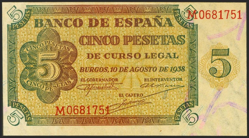 5 Pesetas. 10 de Agosto de 1938. Serie M, última serie emitida. (Edifil 2021: 43...