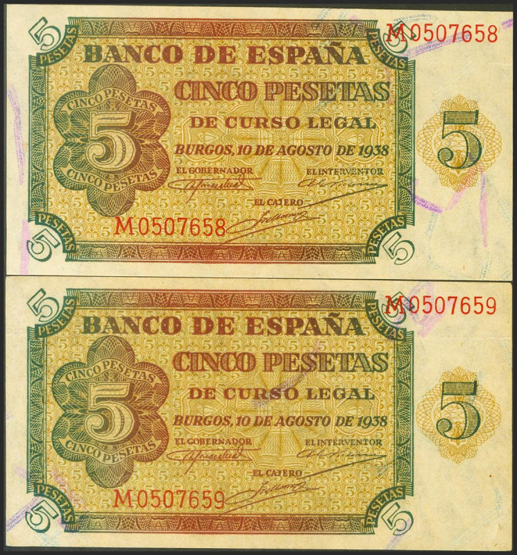 5 Pesetas. 10 de Agosto de 1938. Pareja correlaiva. Serie M, última serie emitid...