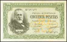 50 Pesetas. 9 de Enero de 1940. Serie A. (Edifil 2021: 437). Conserva parte de su apresto original. EBC.