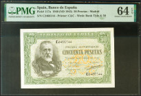 50 Pesetas. 9 de Enero de 1940. Serie C. (Edifil 2021: 437a, Pick: 117a). Inusual en esta excepcional calidad, apresto original. SC. Encapsulado PMG64...