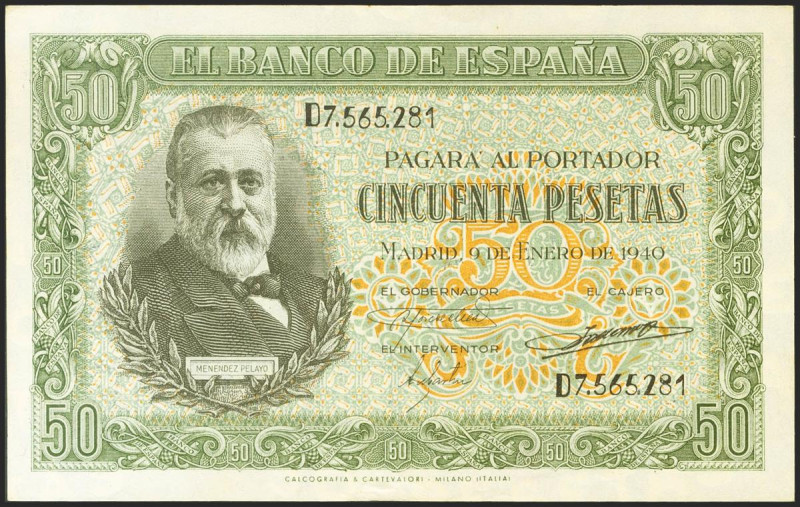 50 Pesetas. 9 de Enero de 1940. Serie D. (Edifil 2021: 437a). Conserva gran part...