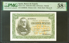 50 Pesetas. 9 de Enero de 1940. Serie E, última serie emitida. (Edifil 2021: 437a, Pick: 117a). Apresto original. EBC+++. Encapsulado PMG58EPQ.