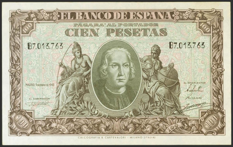 100 Pesetas. 9 de Enero de 1940. Serie B. (Edifil 2021: 438a, Pick: 118a). Manch...