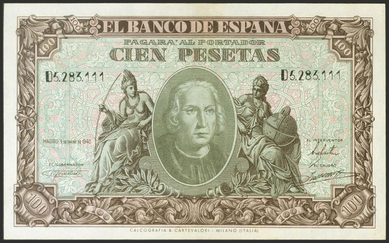 100 Pesetas. 9 de Enero de 1940. Serie D. (Edifil 2021: 438a, Pick: 118a). Conse...