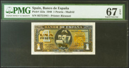 1 Peseta. 4 de Septiembre de 1940. Sin serie. (Edifil 2021: 442, Pick: 122a). Raro en esta excepcional calidad, apresto original. SC. Encapsulado PMG6...