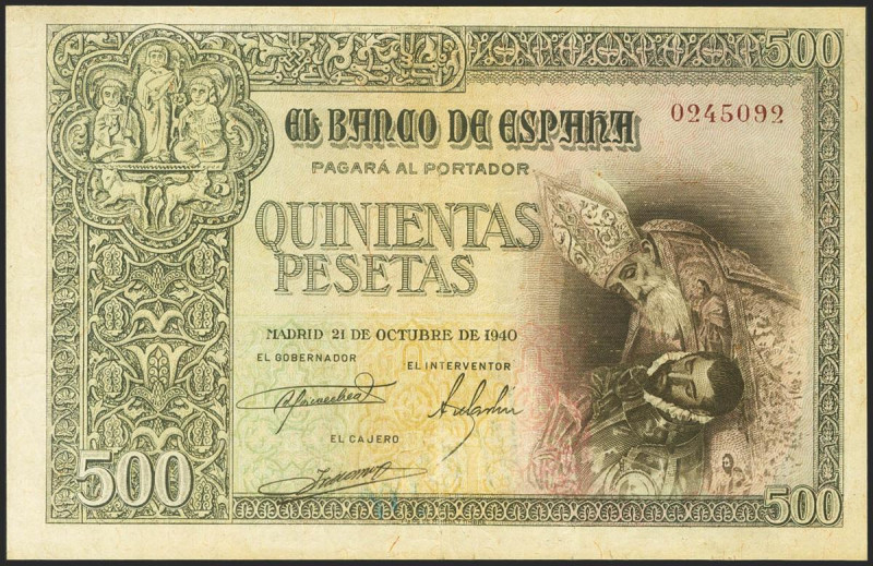 500 Pesetas. 21 de Octubre de 1940. Sin serie. (Edifil 2021: 444, Pick: 124a). M...