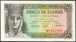 5 Pesetas. 13 de Febrero de 1943. Serie B. (Edifil 2021: 446a). Conserva parte de su apresto original. EBC.