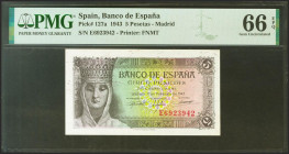 5 Pesetas. 13 de Febrero de 1943. Serie E. (Edifil 2021: 446a, Pick: 127a). Inusual en esta calidad, apresto original. SC. Encapsulado PMG66EPQ.