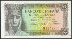 5 Pesetas. 13 de Febrero de 1943. Serie H. (Edifil 2021: 446a). Apresto original. SC.