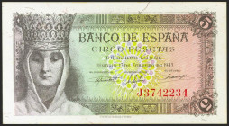 5 Pesetas. 13 de Febrero de 1943. Serie J, última serie emitida. (Edifil 2021: 446a). Apresto original. SC-.