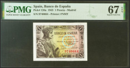 1 Peseta. 21 de Mayo de 1943. Sin serie. (Edifil 2021: 447, Pick: 126a). Raro en esta excepcional calidad, apresto original. SC. Encapsulado PMG67EPQ.
