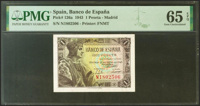 1 Peseta. 21 de Mayo de 1943. Serie N, última serie emitida. (Edifil 2021: 447a,...