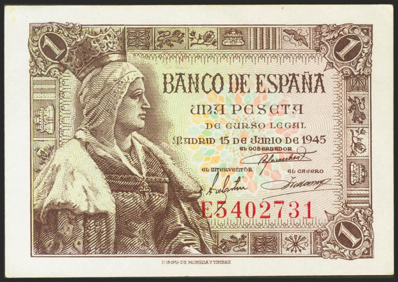 1 Peseta. 15 de Junio de 1945. Serie E. (Edifil 2021: 448a). Apresto original. S...