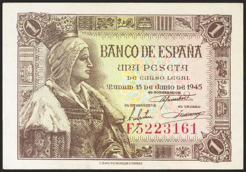 1 Peseta. 15 de Junio de 1945. Serie F. (Edifil 2021: 448a). Apresto original. S...