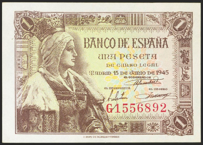 1 Peseta. 15 de Junio de 1945. Serie G. (Edifil 2021: 448a). Conserva gran parte...