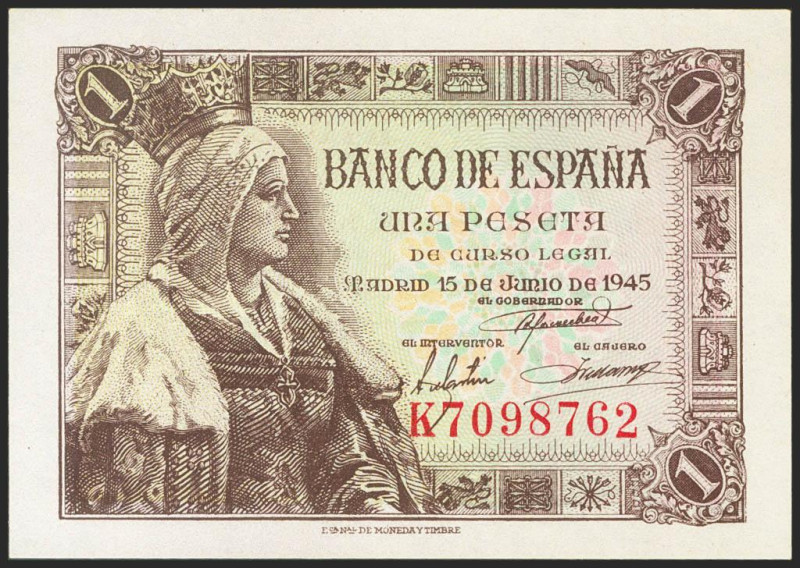 1 Peseta. 15 de Junio de 1945. Serie K. (Edifil 2021: 448a). Apresto original. S...