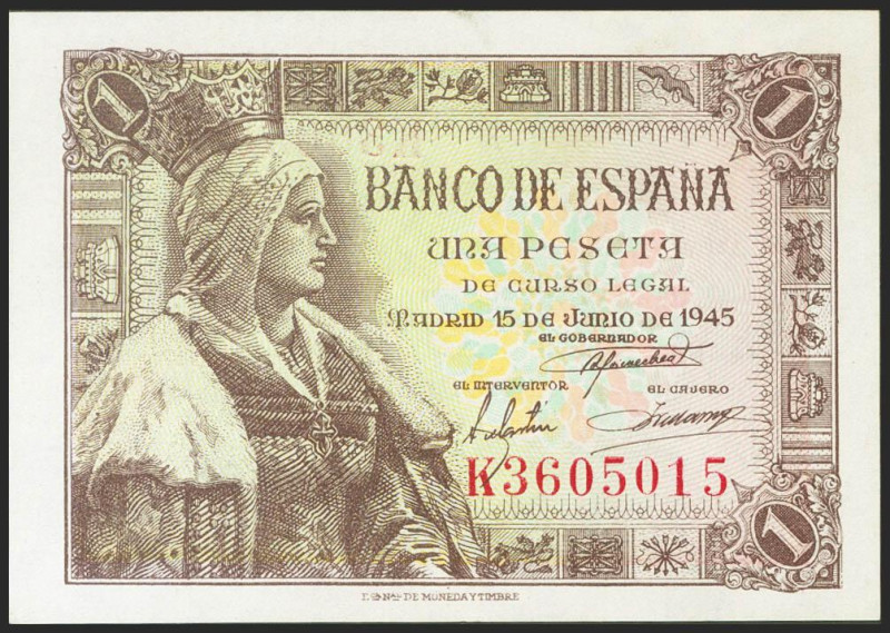 1 Peseta. 15 de Junio de 1945. Serie K. (Edifil 2021: 448a). Conserva gran parte...