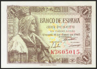 1 Peseta. 15 de Junio de 1945. Serie K. (Edifil 2021: 448a). Conserva gran parte de su apresto original. EBC+.
