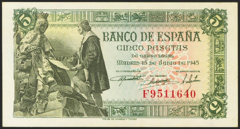 5 Pesetas. 15 de Junio de 1945. Serie F. (Edifil 2021: 449a). Apresto original. ...