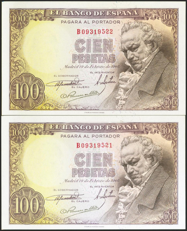 100 Pesetas. 19 de Febrero de 1946. Pareja correlativa. Serie B. (Edifil 2021: 4...