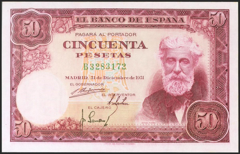 50 Pesetas. 31 de Diciembre de 1951. Serie B. (Edifil 2021: 462a). Inusual en es...