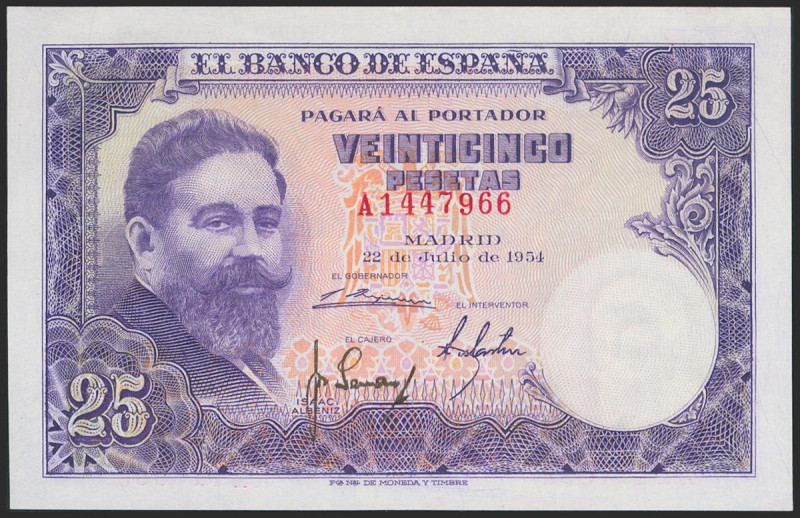 25 Pesetas. 22 de Julio de 1954. Serie A. (Edifil 2021: 467a). Apresto original....