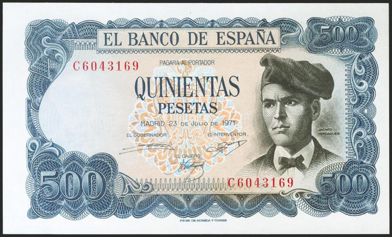 500 Pesetas. 23 de Julio de 1971. Serie C. (Edifil 2021: 473a). Apresto original...