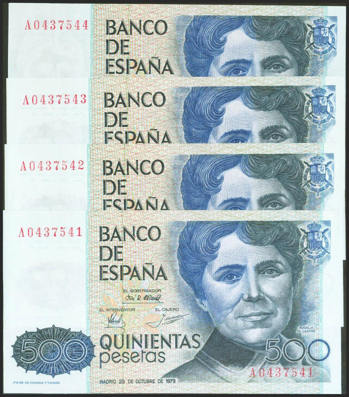 Conjunto de 4 billetes correlativos de 500 Pesetas emitidos el 23 de Octubre de ...