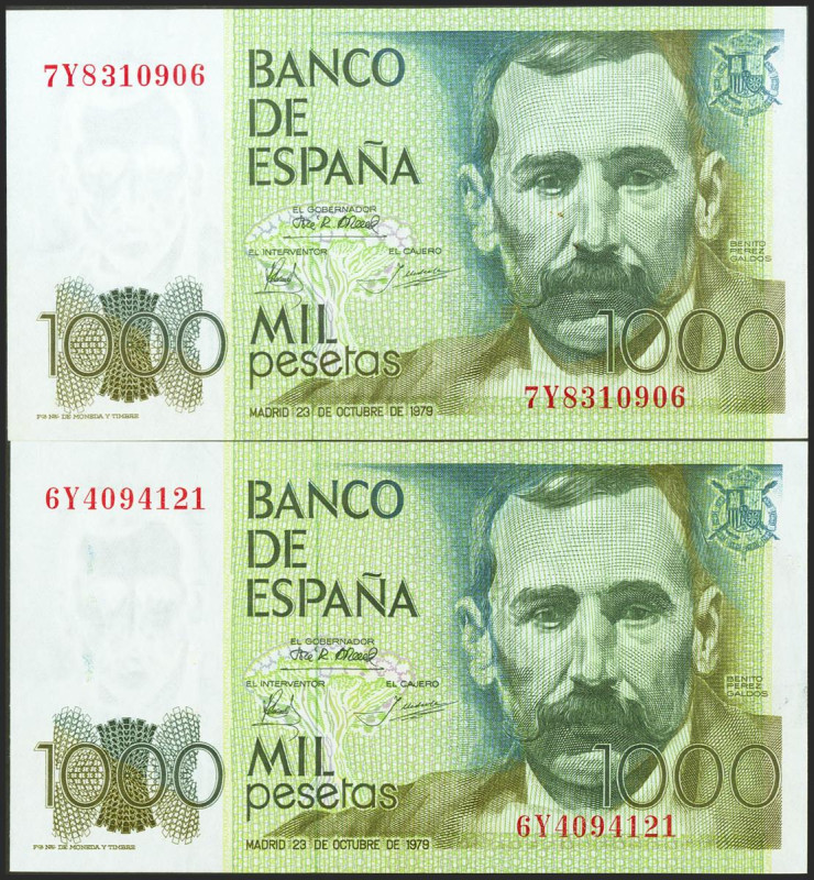 Conjunto de 2 billetes de 1000 Pesetas emitidos el 23 de Octubre de 1979, con la...