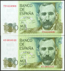 Conjunto de 2 billetes de 1000 Pesetas emitidos el 23 de Octubre de 1979, con las series 6Y y 7Y, respectivamente. (Edifil 2021: 477a). EBC.