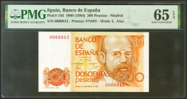 200 Pesetas. 16 de Septiembre de 1980. Sin serie y numeración bajísima. (Edifil 2021: 480, Pick: 156). Rarísimo, especialmente en esta excepcional cal...