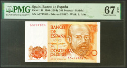 200 Pesetas. 16 de Septiembre de 1980. Serie A. (Edifil 2021: 480a, Pick: 156). Apresto original. SC. Encapsulado PMG67EPQ.