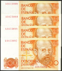 Conjunto de 4 billetes todos ellos correlativos de 200 Pesetas emitidos el 18 de Septiembre de 1980, serie A. (Edifil 2021: 480, 480a). SC.